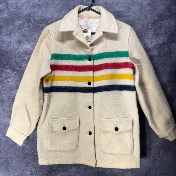 VTG 50s 60s Hudson's Bay 100% Wool Point Blanket Jacket Coat Rainbow Stripes - Picture 1 of 11